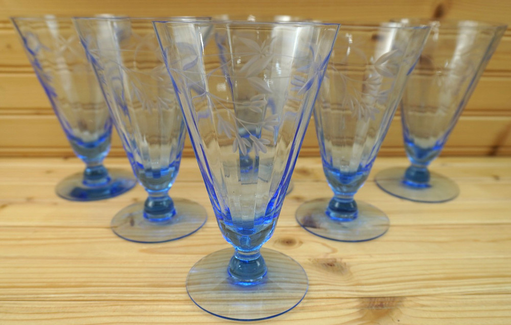 Fry FRY23 Set of (6) Water Goblets, 6″ Blue Glass (S9)