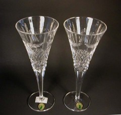2 Waterford Crystal Millennium Champagne Flutes Peace Cut Dove 9.25″ H. Stickers