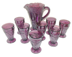 Vtg Tiara Indiana Glass SWEET PEAR Avocado Amethyst Pitcher & 8 Tumbler Glasses