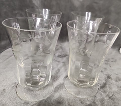 Vintage Etched Glasses Floral And Leaf Pattern. 4.5 inches tall, footed glass