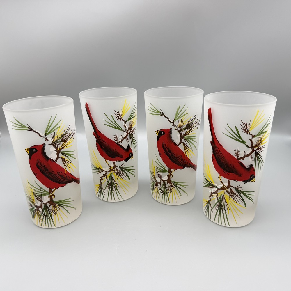 Gay Fad Mid Century Frosted Cardinal Pine Sprig Drinkware 10 Oz Glasses Set of 4