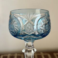 Val Saint Lambert Blue Cut to Clear Crystal Hock Wine Glass Belgian Pinwheel