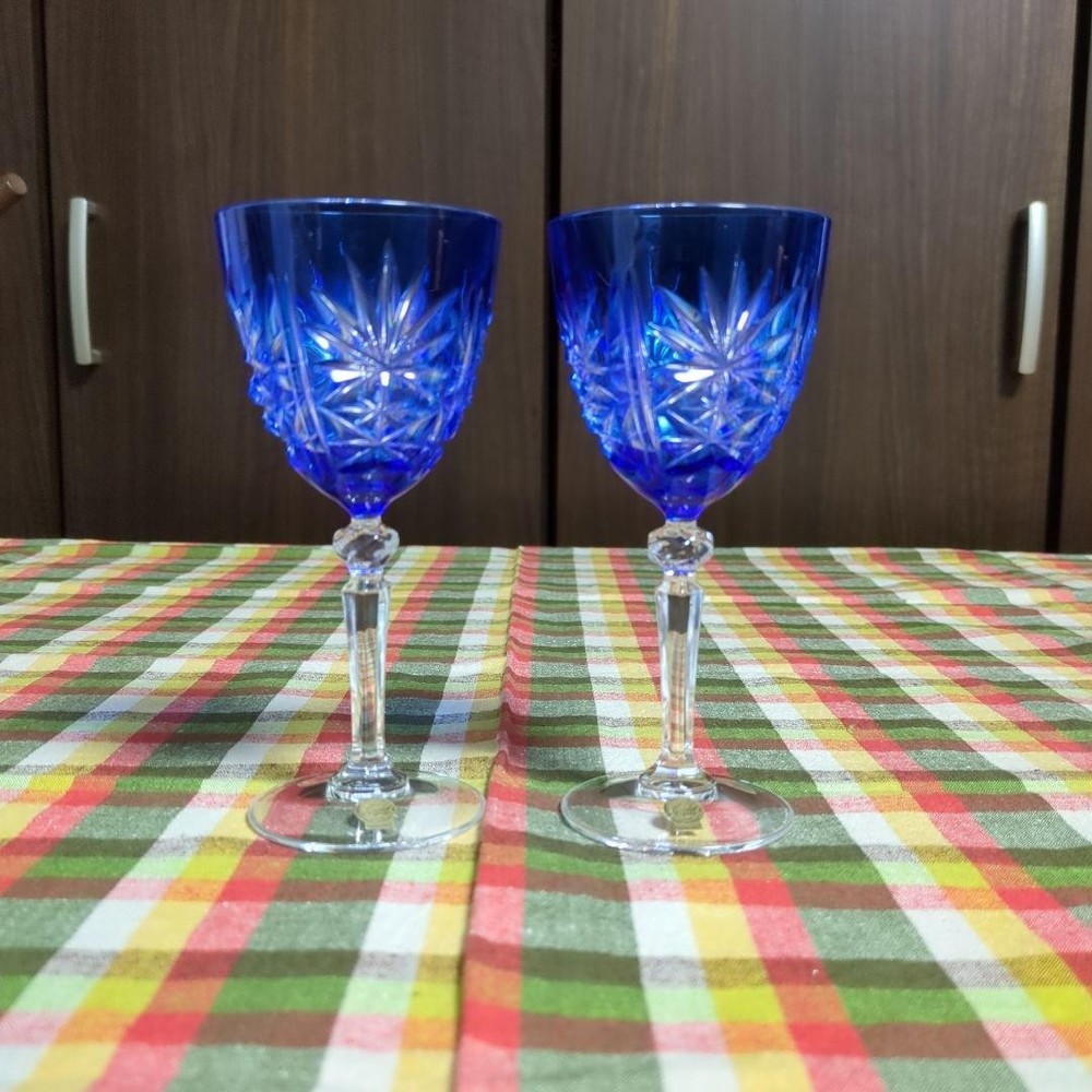Wine Glass Kiriko Engraved on the glass #16 14.5×6.5cm/5.7×2.55″ set of 2 Blue