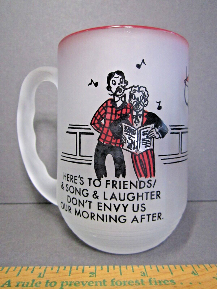 Gay Fad Frost Beer Mug Nineties Here’s to Friends Piano Singing Vintage Glass