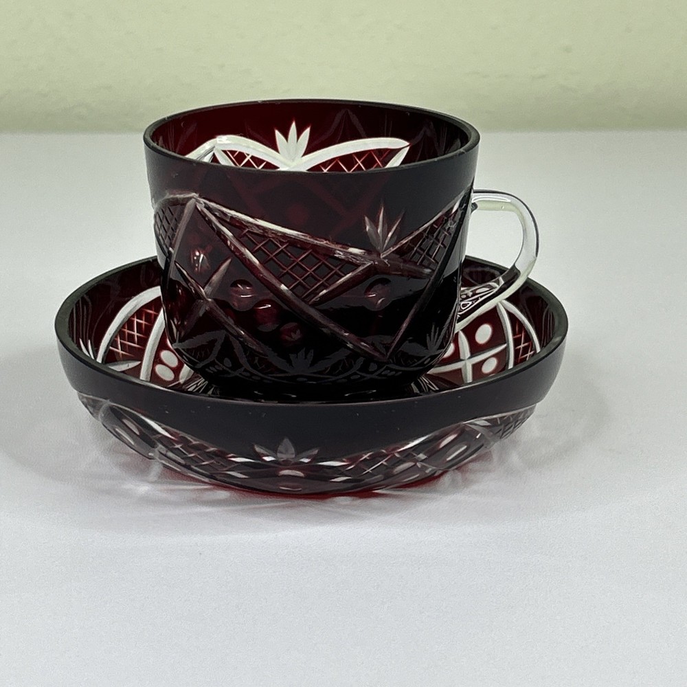 Ajka Fifth Avenue Ltd Crystal Punch Cup Mug and Tray Plate Intricate Cut Red