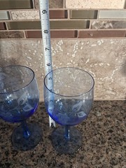 Etched Vintage Hand Blown Glass 6″ Goblet, Grape Design, Blue Set of 2