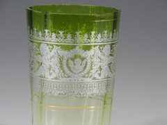 Victorian Glass Green to Crystal Water Tumbler Silver Overlay Angels c.1890