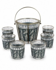 Vintage Greek Key Ice Bucket & 6 Rocks Glasses Grecian Gods MCM Barware Set