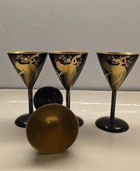4 pcs Vintage Wooden Black Lacquer Cordial Glasses With Rooster Hand Painted