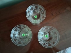 Set of Three Depression Etched Uranium Cordial Glass 2 With Flea Bites 1 Perfect