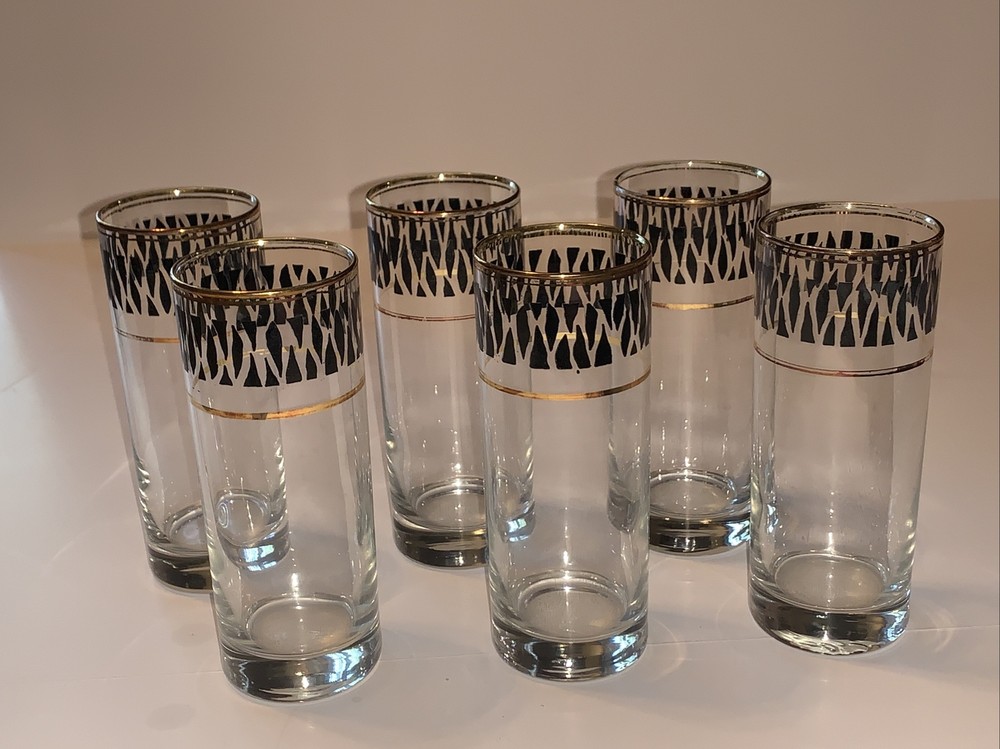 Vintage highball Glasses Tumblers Gold Trim zebra print tiki barware Set Of 6