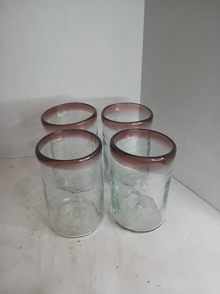 4 Mexican Hand Blown Glassware Oxblood Burgundy Rims Drink Glasses 4.5-5″ Unique