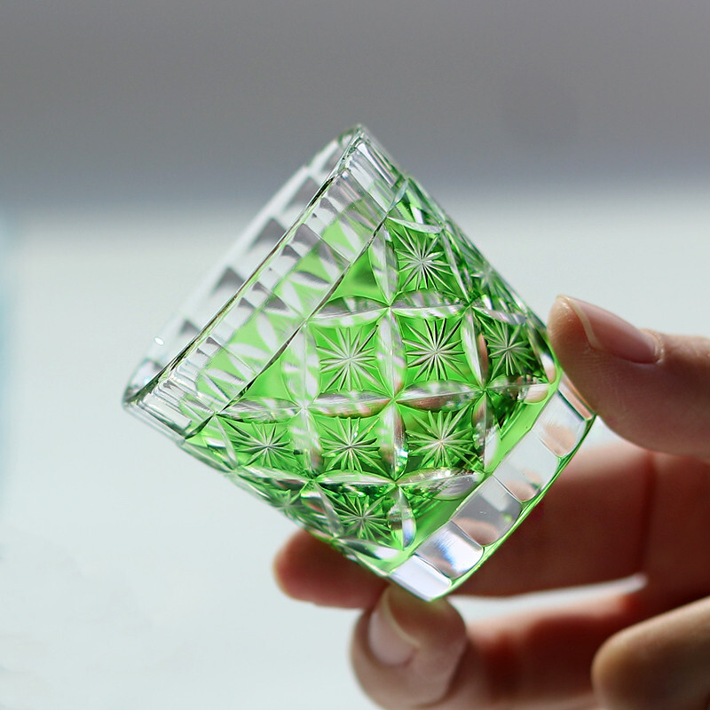1OZ Green Edo Kiriko Glass Cup Small Shot Glasses For Sake/Liquor/Soju For Gift