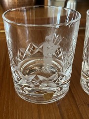 Pair Burns Crystal Scotch Whisky Tumblers Hand Cut Plaid & Etched Scotsman Logo