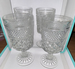 Clear Pressed Glass Goblets Diamond Pattern Round Stemware Set of 4