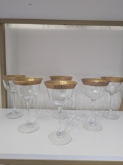 Vintage Gold Encrusted Wine Goblets Set of 6 Ornate Floral Rim Optic Glass 7″