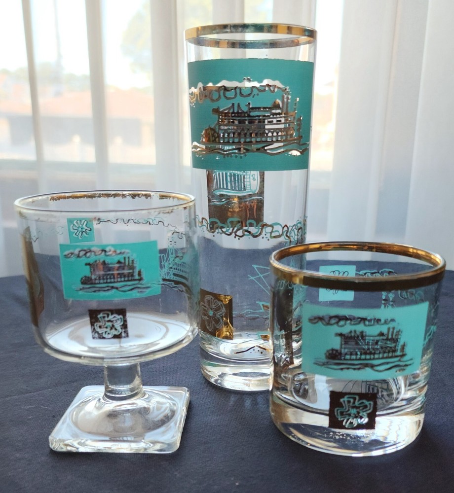 3 Mid Century Modern Libbey Southern Comfort Teal Gold Steamboat Whiskey Tumbler