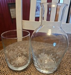 Vintage Bedside Water Carafe Glass Set Etched Floral Tumbler Lid Set