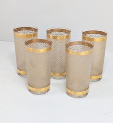LOT of 5 Vintage MCM Gold Foil RIM Basketweave Highball Tumbler Frosted Glasses
