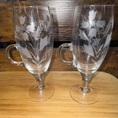 2 Vintage etched wheat glass hand blown glasses with finger handles & Pedestals