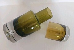 Krosno Poland Olive Amber Art Glass Decanter Tumbler Set Controlled Bubble