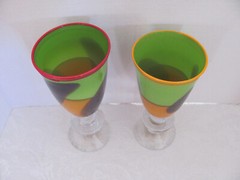 Robinson Scott 2005-Studio Art Glass-Orange Purple Green-Signed-Set of 2 Goblets