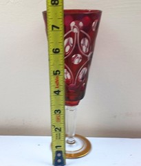 Vintage Ruby Red Cut to Clear Wine Glass Goblet Gold Rim Footed Faceted Elegant
