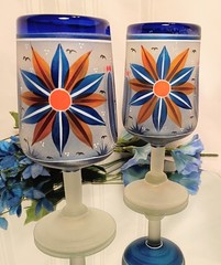 2 Hand Painted Blue Cactus Scene & White Frost Wine/Beverage Glasses Pair Set