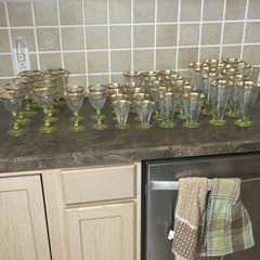 Etched Elegant Goblets and Tumblers with Gold Rim and Green Base