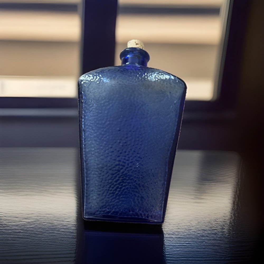 Cobalt Blue Pebbled Glass Bottle Decorative Flask With Cork Stopper 9 In