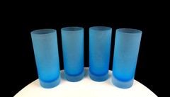 Ombre Art Glass Set Of 4 Blue Satin Frosted 6 1/4″ Highball Collins Glasses 1960