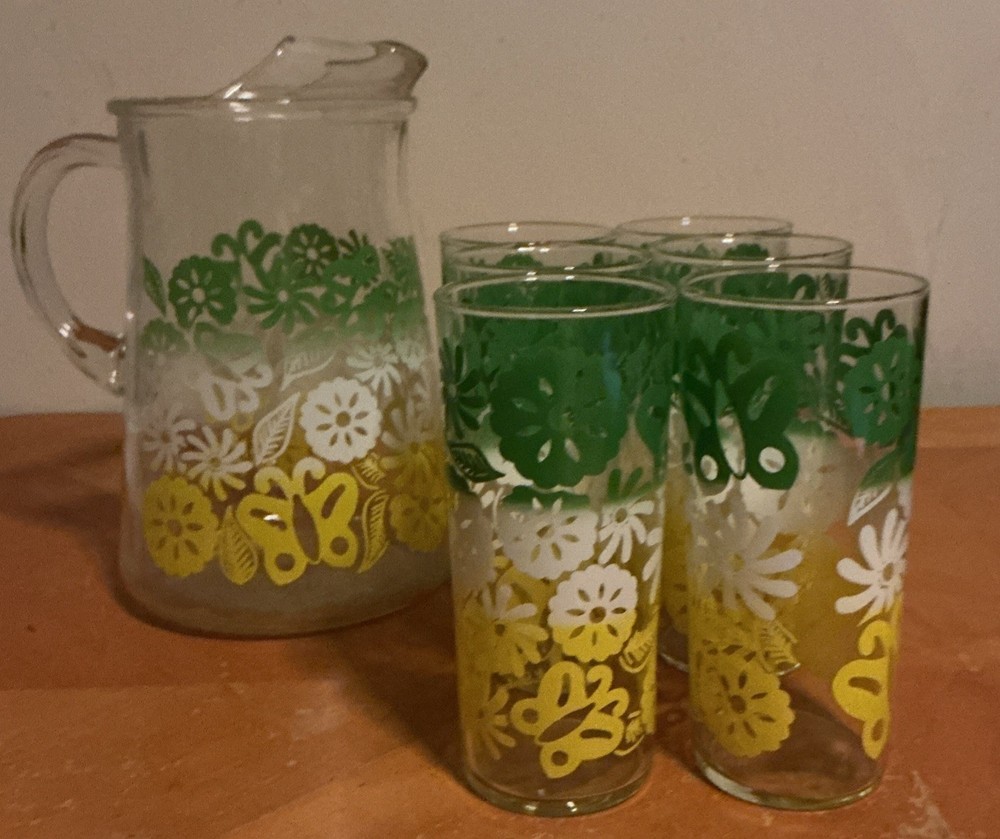 Vtg 1960s M CENTURY Pitcher Set Of 6 Glasses N. Stalcup Ombre Floral Butterfly