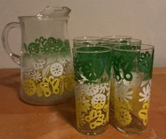 Vtg 1960s M CENTURY Pitcher Set Of 6 Glasses N. Stalcup Ombre Floral Butterfly
