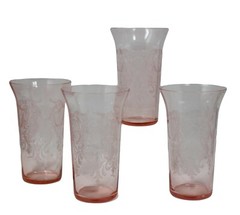 Vintage Pink Depression Glass 4 Needle Etched Flat Tumblers Glasses Paneled Cups