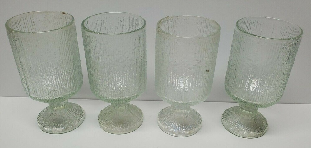 4 Vintage Footed Iridescent Drinking Glasses Textured Pattern 6″ Clear Bar MCM