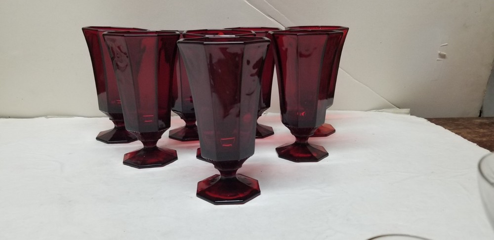 8 INDEPENDENCE GLASS CO RED OCTAGONAL WINE GLASS GOBLETS 6″