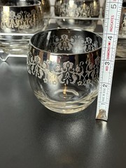 Vintage Roly Poly Bar Ware Heavy Silver Band Iridescent Set 6 Glasses Scroll