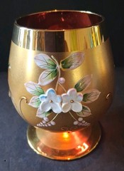 Bohemian Cranberry Glass Brandy Snifter Gold Enamel Overlay With Flowers- Pair