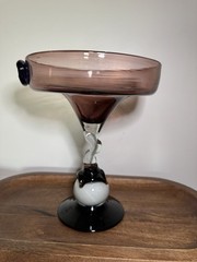 Hand blown margarita, gl Glass w/ Blue Applied Medallion, Black/White Swirl Stem