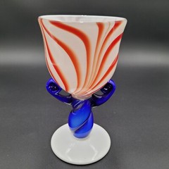Hand Blown Art Glass Goblet Red White and Blue 7.5″ Tall