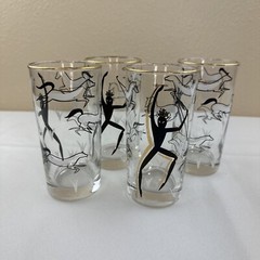4 MCM Highball Glasses Tumbler Tribal Hunter Dancer Horses Vtg Libbey Black Gold