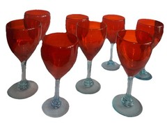 Set Of 8 Vtg Hand Blown Orange/Red Wine Glasses Approx 7 1/4” X 3 1/4” Gorgeous