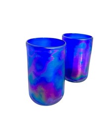 Mouth blown Art Glass Cobalt Blue Iridescent Tumblers Drinking Glasses Pair