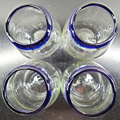 (4) Pier 1 Cobalt Rim Stemless Wine Glasses Set Clear Mexican Hand Blown Art Lot