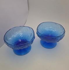 Vtg MCM Morgantown Crinkle Glass Cobalt Blue Footed Bowl SET of 2 Daiquiri