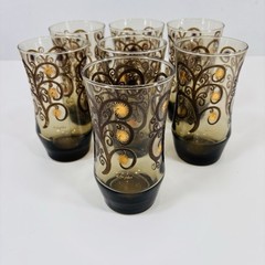 7 X Mid Century Eclyda Glasses Tumblers Brown /Gold Sunburst Signed RARE 12 oz