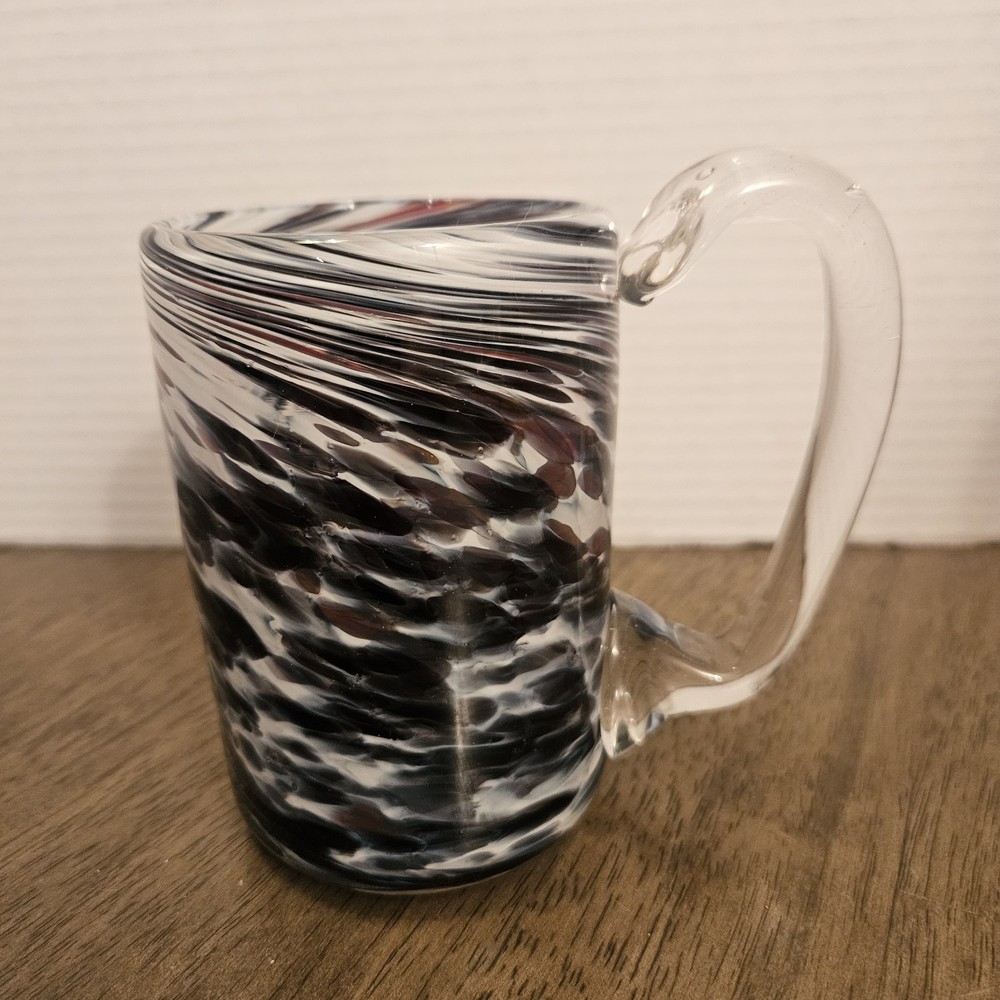 Hand Blown Glass Mug, Cup, Glass Swirls Of Black, Maroon 15oz
