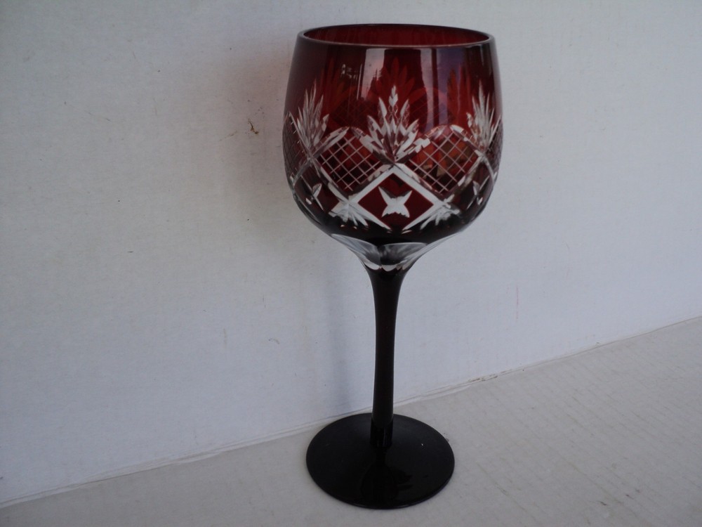 Handmade Bohemian Style Hand Cut To Clear Crystal Wine Glass 12oz Ruby Red