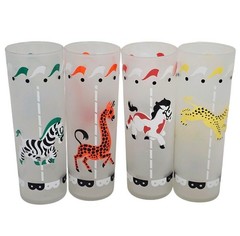 Set Of 4 Vintage Libbey Frosted Carousel Merry-Go-Round Animal Cooler Glasses 7″