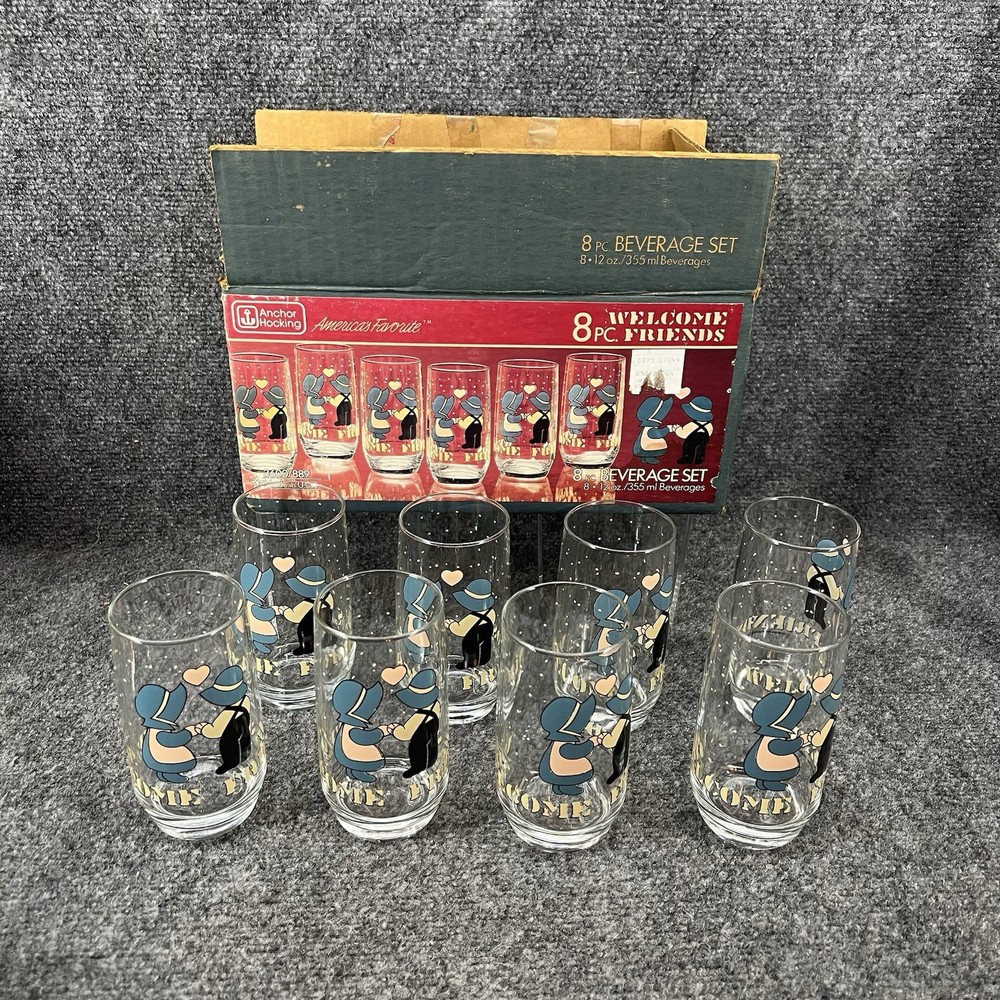 Vintage 1988 Anchor Hocking 8 Pc Welcome Friends 12 Oz Glasses W/Box Country
